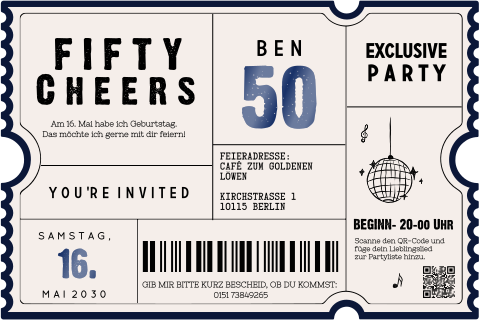 Blaue Geburtstagseinladung zum 50. Geburtstag in Ticketform mit Hochglanz