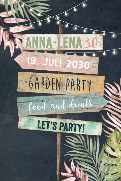 30 Jahre Geburtstagseinladung Gartenparty mit Wegweiser und Blättern