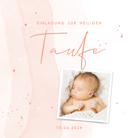 Hübsche Einladung zur Taufe mit zarten Rosatönen und Foto