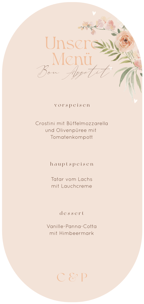 Ovale Menükarte zur Hochzeit in Apricot mit romantischen Blumen