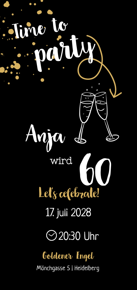 Elegante Einladung zum 60. Geburtstag schwarz mit Goldklecksen