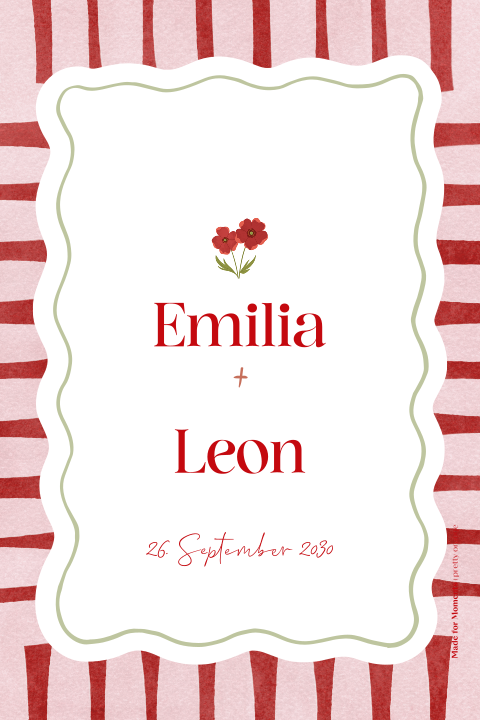 Einladungskarte mit roter Schrift und rosa Rahmen im verspieltem Look