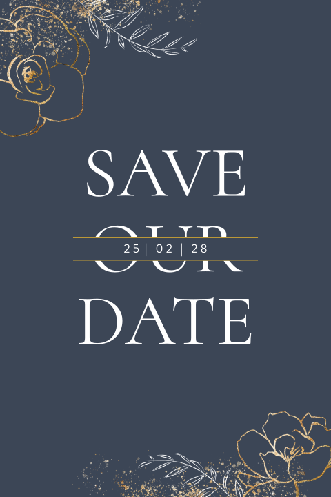Dunkelblaue Save-the-Date-Karte mit goldenen Blumen