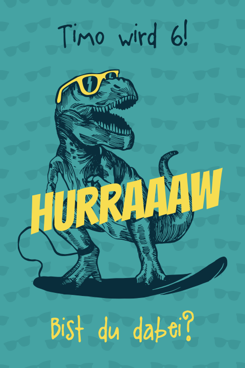 Coole Einladung zum Kindergeburtstag mit Dino und Surfbrett