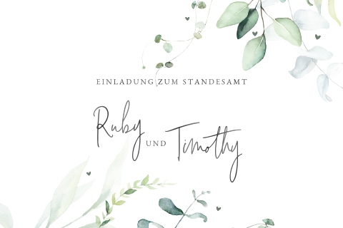 Standesamt-Einladung mit Blättern und schwarzer Hochglanzschrift