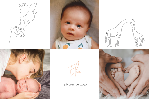 Hochwertige Geburtskarte mit Roségoldfolie, drei Fotos und Zeichnungen
