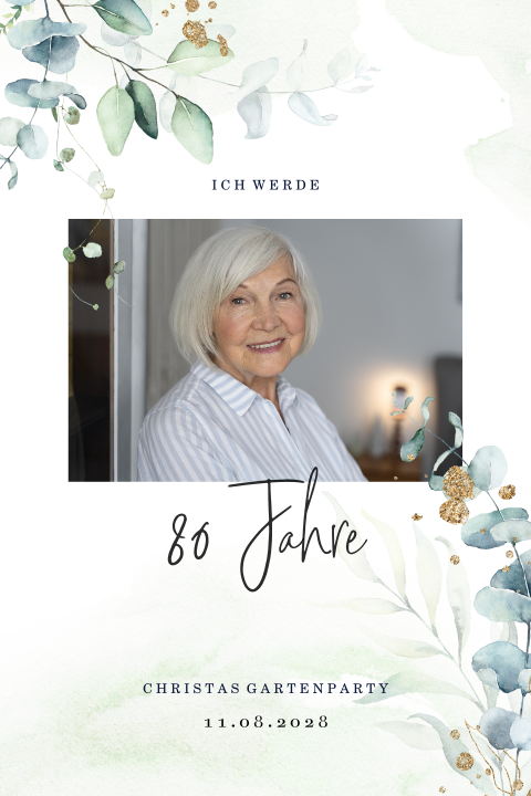 Geburtstagseinladung zum 80sten mit Blättern und Foto Gartenparty