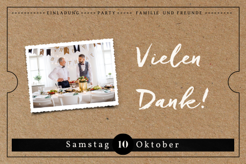 Danksagung zum Geburtstag mit Foto und as Ticket im Kraft-Look