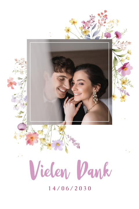 Romantische magnetische Dankeskarte zur Hochzeit mit Blumen und Foto