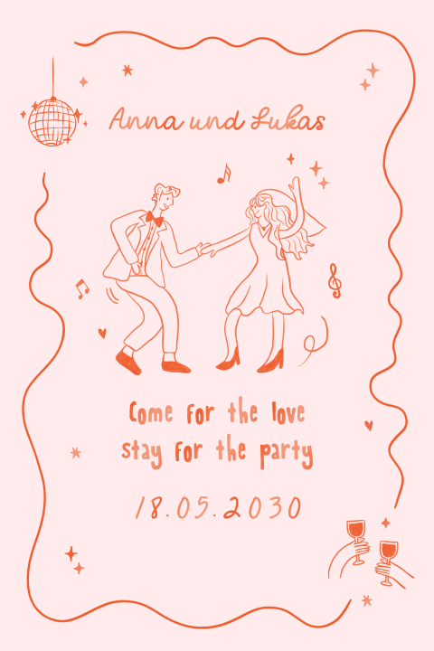 Originelle Hochzeitseinladung Orange mit Illustrationen und Hochglanz