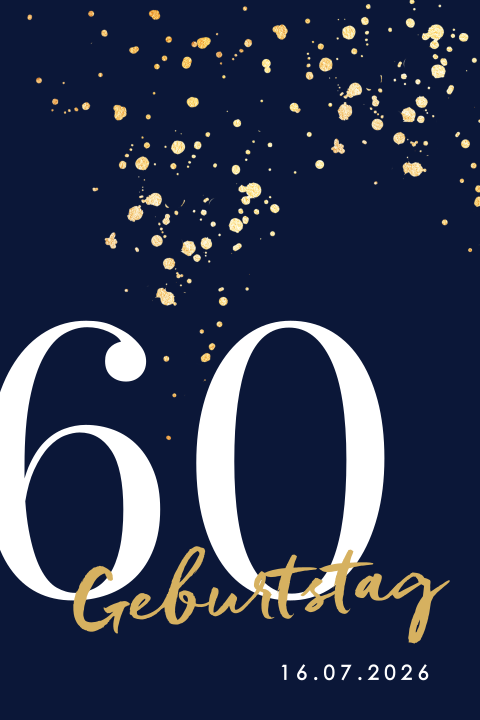 Blaue Einladung zum 60. Geburtstag mit goldgelben Farbklecksen
