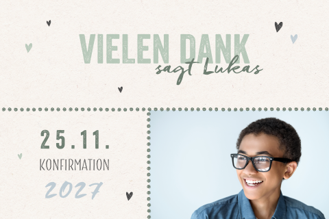 Dankeskarte zur Konfirmation mit salbeigrüner Schrift und Foto