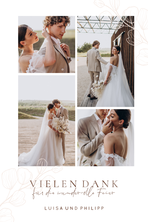 Dankeskarte Hochzeit mit Blattverzierungen und vier Fotos 