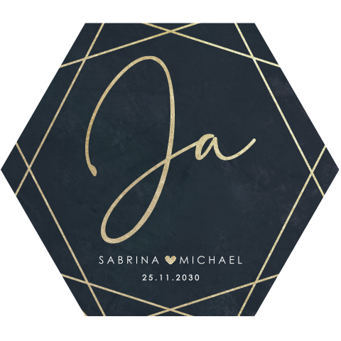 Schicke Hochzeitskarte in Sechseckform mit Ja und Herz