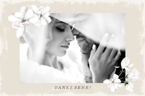 Vintage Dankeskarte mit Foto, weißen Blumen und Kraftpapier-Look
