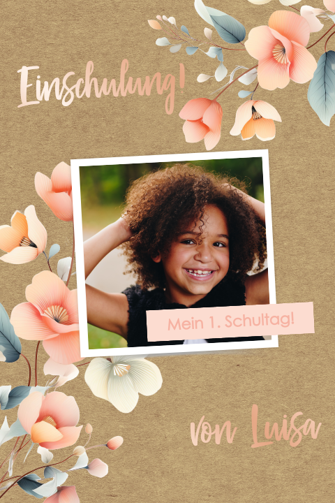 Einladung zur Einschulung mit Foto und Blumen im Kraft-Look