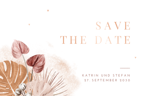 Ästhetische Save-the-date mit bronzefarbenen Blättern