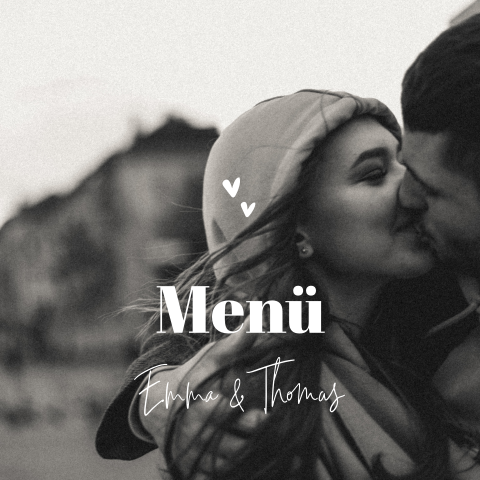 Menükarte mit elegantem Schriftzug, Herzen und Foto