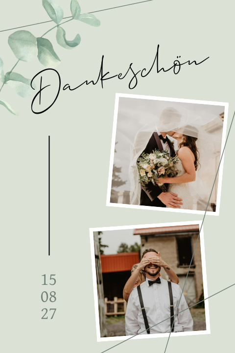 Dankeskarte Hochzeit Grün mit Eukalyptus und Linien