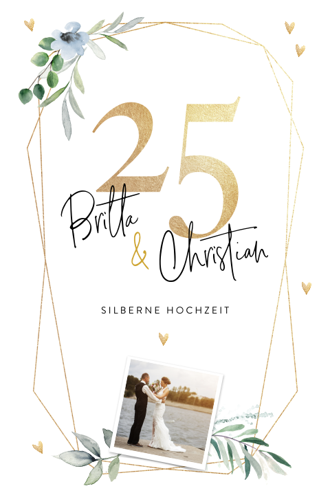 Einladung zur Silberhochzeit mit goldenen Elementen und Zweige