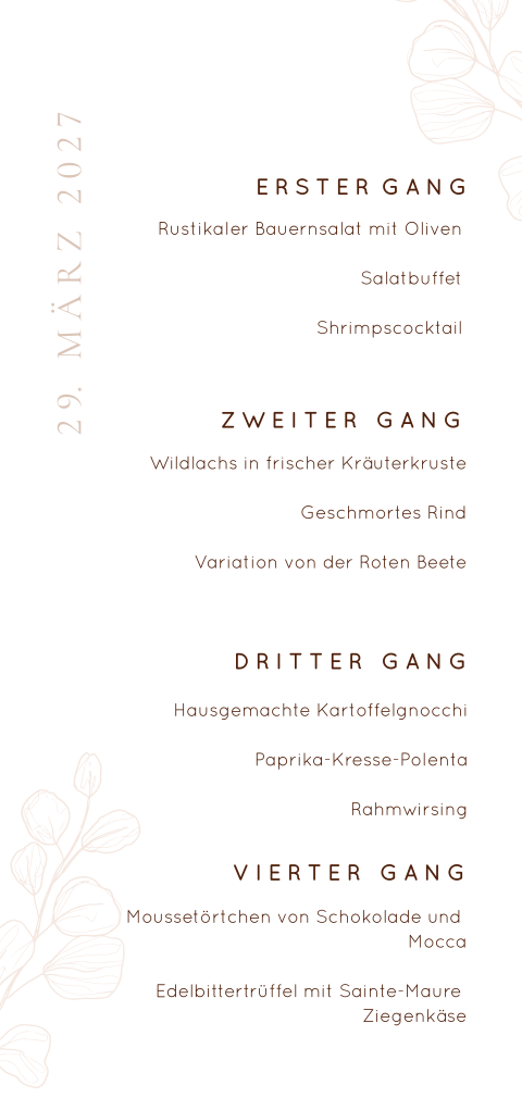 Elegante Menükarte zur Hochzeit mit filigranen Zweigen