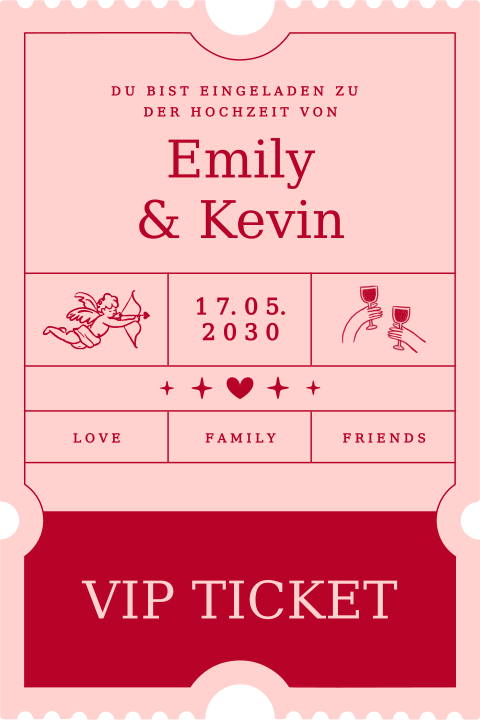 Romantische Hochzeitskarte als VIP-Ticket in Rosa und Rot mit Illustrationen