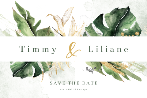 Moderne Save the Date-Karte mit Blättern und Goldfolie