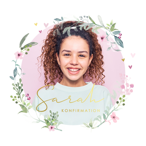 Konfirmationskarte in runder Form mit Foto und Blumen