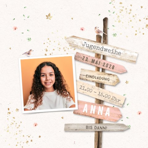Einladung zur Jugendweihe mit Wegweiser und Foto