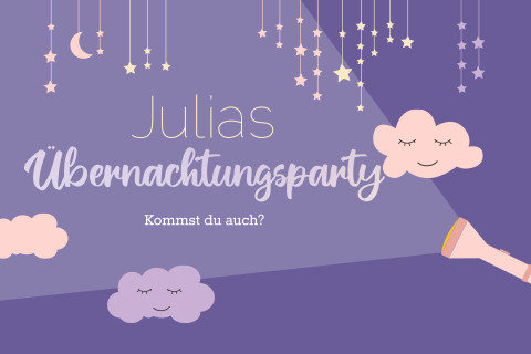 Lila Einladungskarte Pyjama mit Wolken und Sternen