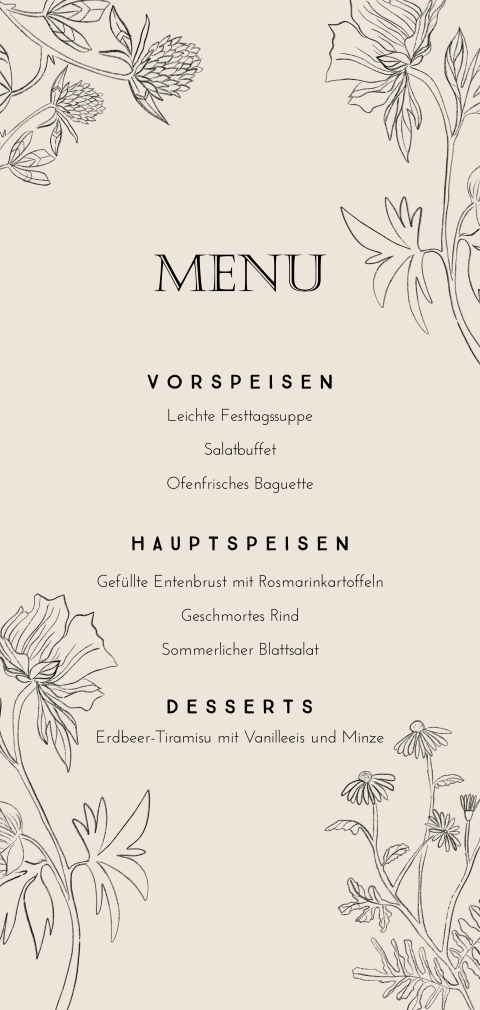 Edle Menü-Karte Getränken & Speisen