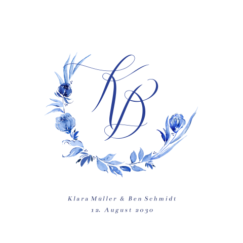 Schlichte Hochzeitseinladung mit blauem Blumenkranz