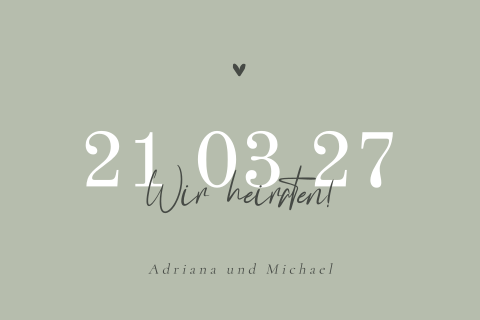 Stilvolle Hochzeitseinladung mit Tagesablauf und Herz in Grün