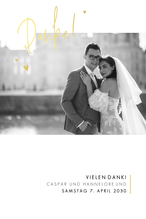 Dankeskarte Hochzeit mit elegantem Schriftzug in Goldfolie