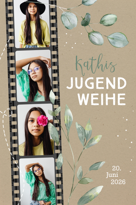 Einladung Jugendweihe im Kraft-Look mit Eukalyptus und Fotostreifen