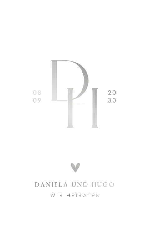 Minimalistische Hochzeitskarte mit Initialen und Silberfolie