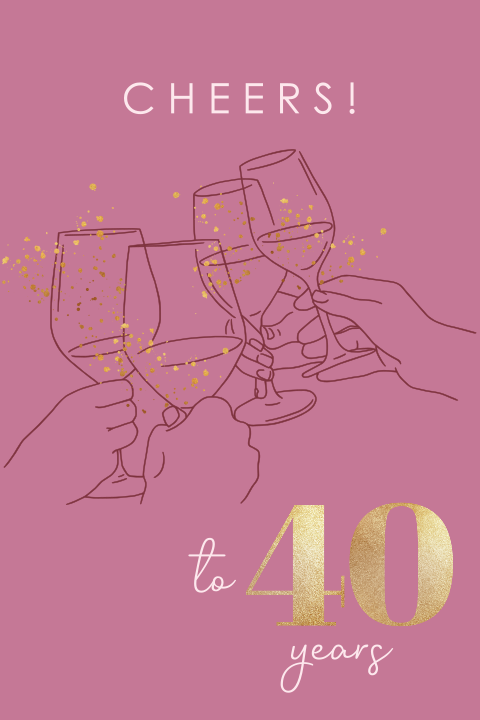 Einladung zum 40. Geburtstag in Rosa mit Weinillustrationen und Goldsprenkeln