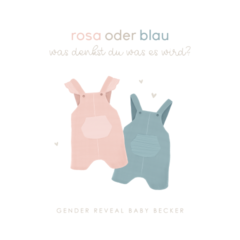 Niedliche Einladung zur Gender Reveal Party mit bunten Latzhosen