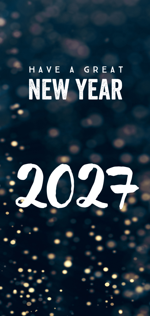Neujahrskarte mit blau-gelbem Konfetti im Hintergrund