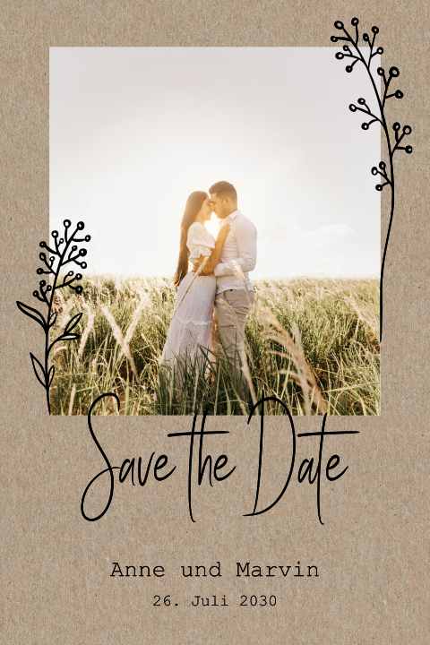 Save The Date Karte mit feinem Blumenkranz aus echtem Kraftpapier