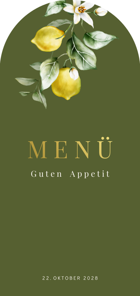 Menükarte Hochzeit in Grün mit Zitronenzweig in gebogener Form