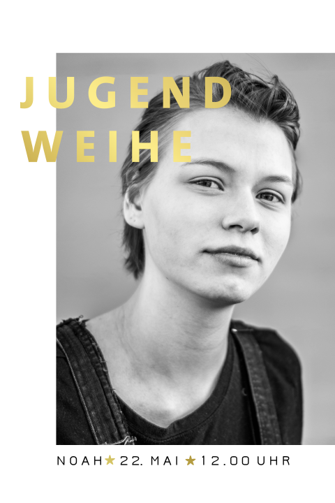 Einladung zur Jugendweihe mit Foto und Goldfolie
