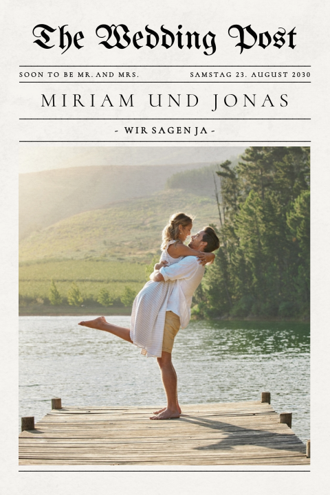 Vintage-Hochzeitseinladung im Zeitungsstil mit Fotos und Tagesprogramm