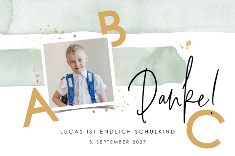 Dankeskarte zum Schulanfang mit ABC, Foto und Aquarellhintergrund