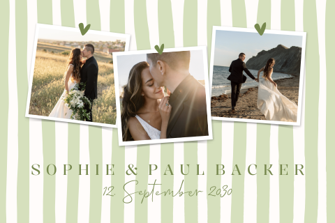 Magnetische Dankeskarte zur Hochzeit mit grünem Streifenmuster und Fotos