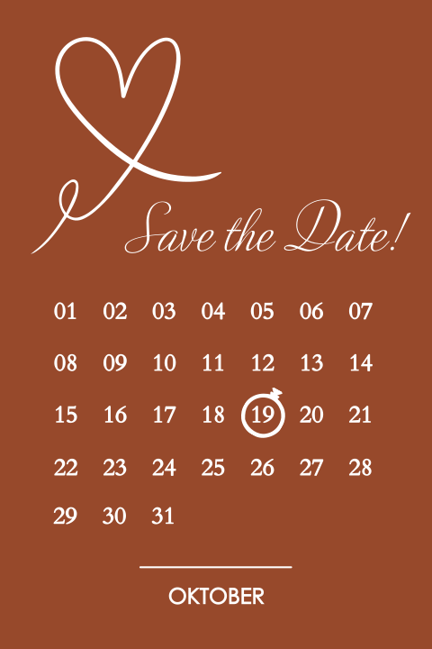 Save the date Karte mit Herz und Kalenderblatt in rostbraun und weiß
