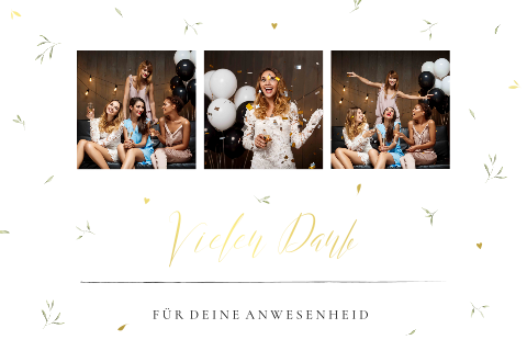 Dankeskarte zum Geburtstag mit drei Fotos, Zweigen und Goldfolie