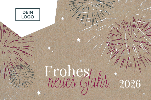 Geschäftliche Neujahrskarte mit Feuerwerk und Logo auf Kraftpapier