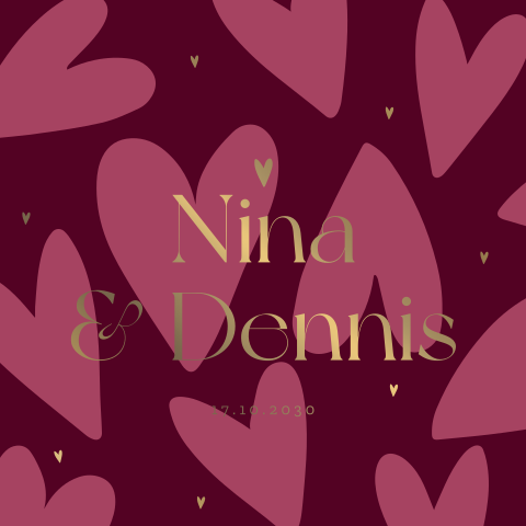 Romantische Hochzeitskarte in Rot und Rosa mit Herzchen und Mattgoldfolie