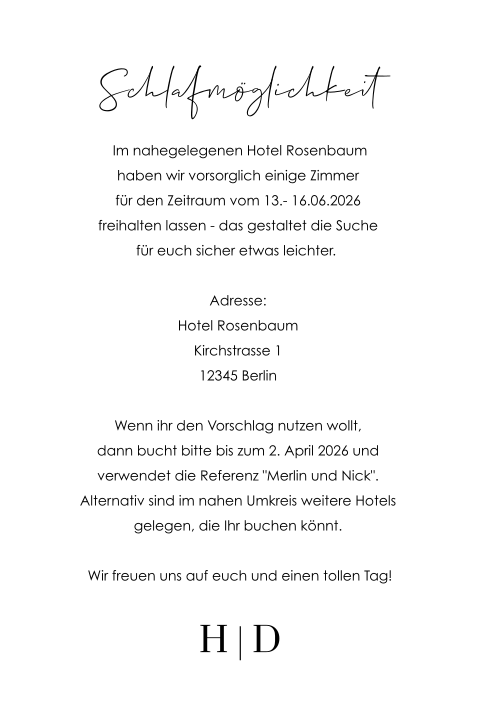 Einlegeblatt mit schwarzer Schrift und Initialen